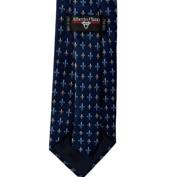 Alberto Piano Silk Tie Dark Blue with Fleur-de-lis Pattern 59.5" - Picture 3 of 5